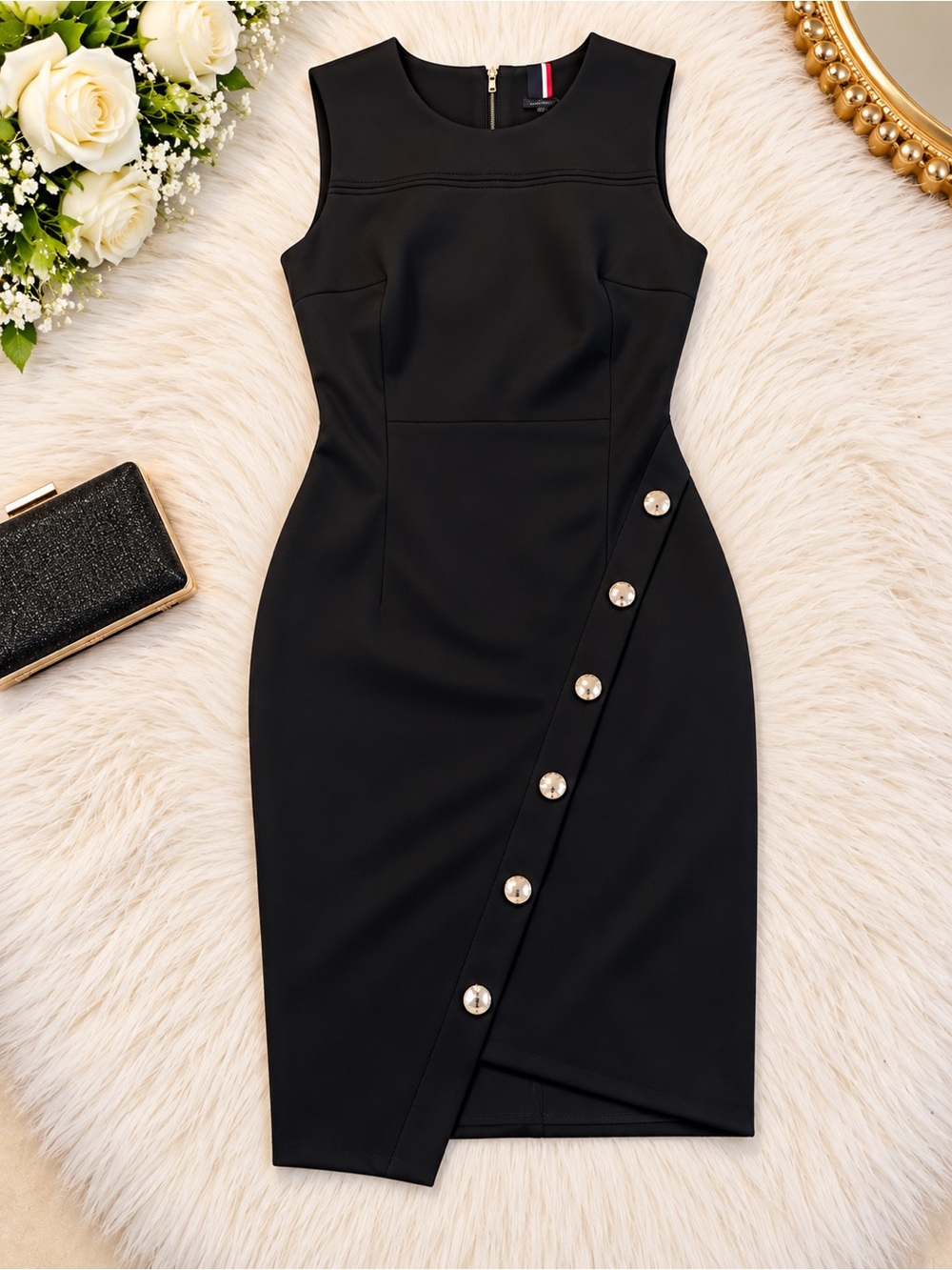 Tommy Hilfiger Black Sleeveless Midi Sheath Dress with Pearl Buttons